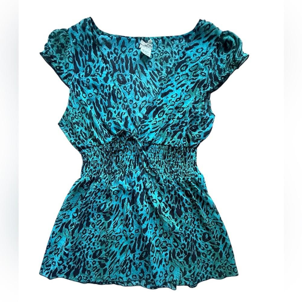 Y2K Forever 21 Teal Leopard Print Top Smocked Waist Flutter Sleeve 2000s MED
